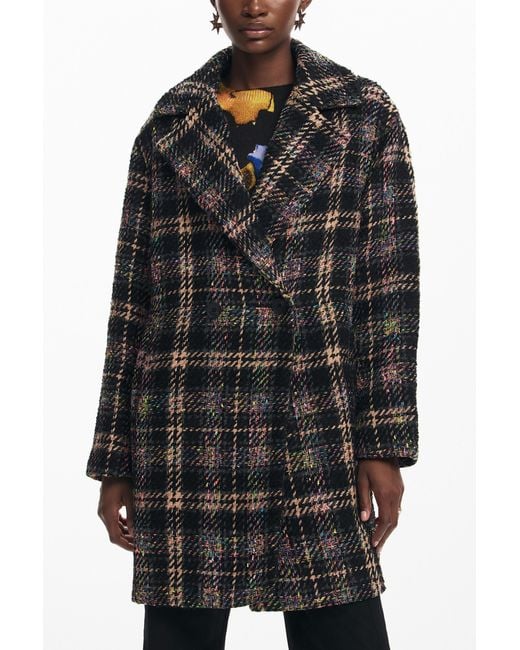 Desigual Black Short Checkered Coat