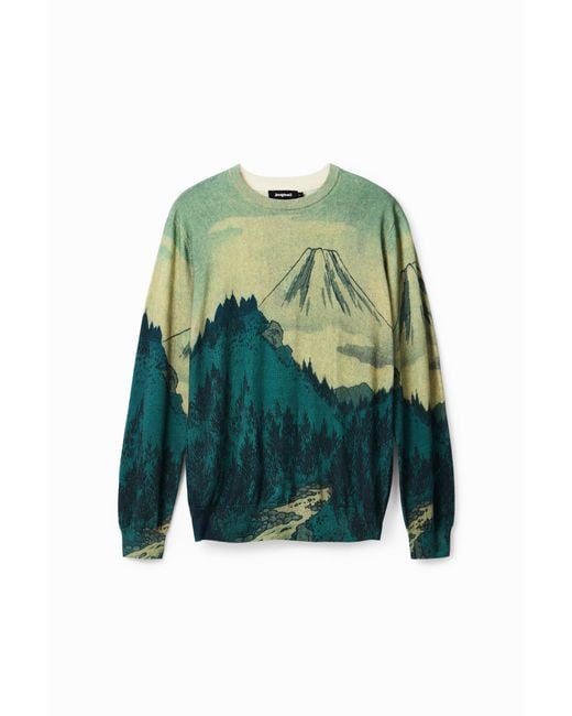 Desigual Green Thin Landscape Pullover, Cotton for men