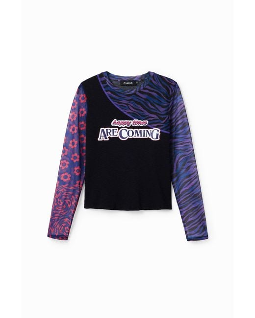 Desigual Blue Patchwork Tulle T-Shirt With Message