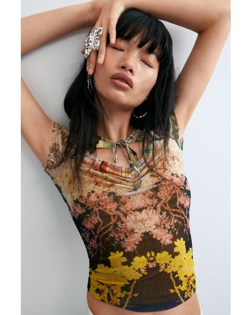 Desigual Blue Printed Tulle Top, Polyester
