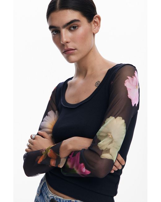 Desigual Blue T-Shirt With Printed Sleeves