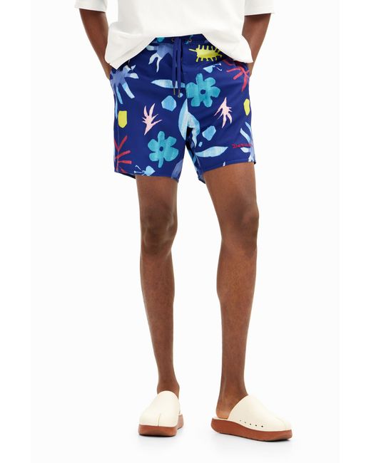 Desigual Blue Tropical Leaf Swimsuit, Polyester for men