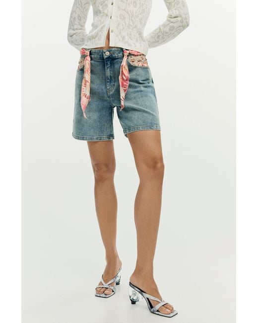 Desigual Blue Embroidered Denim Shorts, Polyester