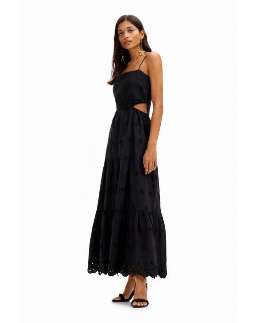 Desigual Black Long Embroidered Cut-out Dress