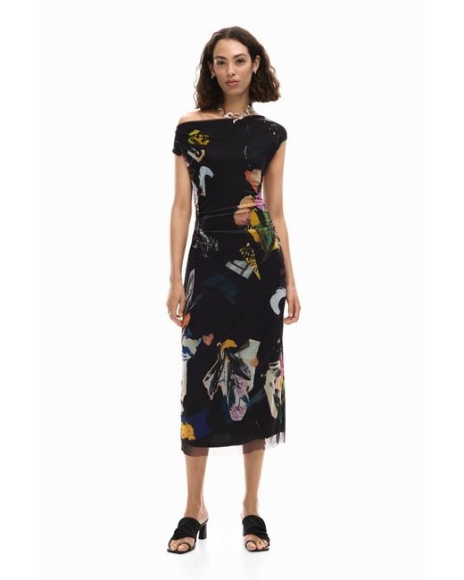 Desigual Black Midi Collage Dress, Polyester
