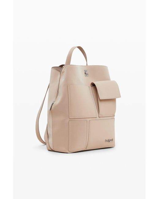 Desigual Natural Medium Faux Leather Backpack With Pockets, Polyurethane