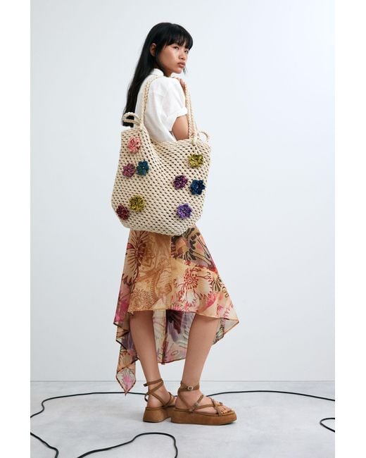 Desigual White Crochet Bag With Flowers, Cotton