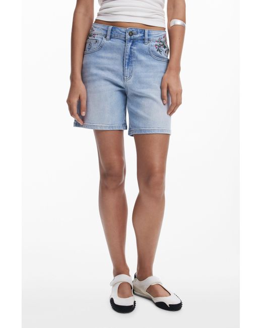 Desigual Blue Bestickte Kurze Jeans