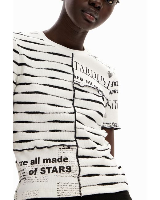 Desigual White Striped Patchwork Newspaper T-Shirt
