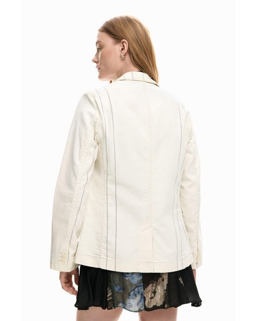 Desigual White Asymmetrical Striped Blazer, Cotton
