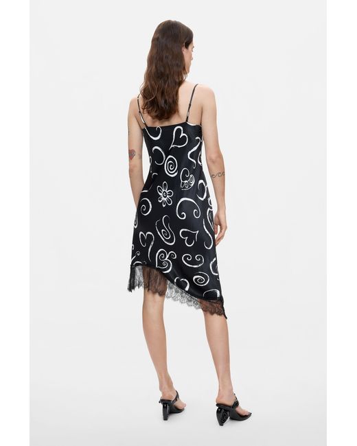 Desigual Black Short Printed Strappy Dress, Viscose