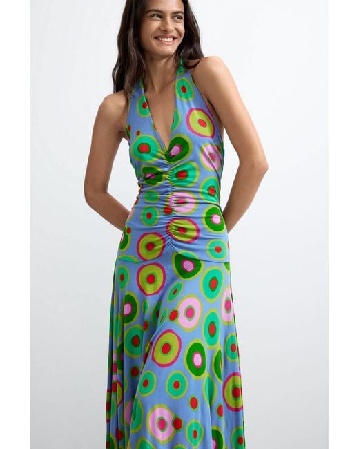 Desigual Blue Vintage Printed Halter Dress, Viscose