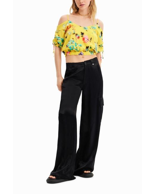Desigual Yellow Short Gathered Floral Blouse, Viscose