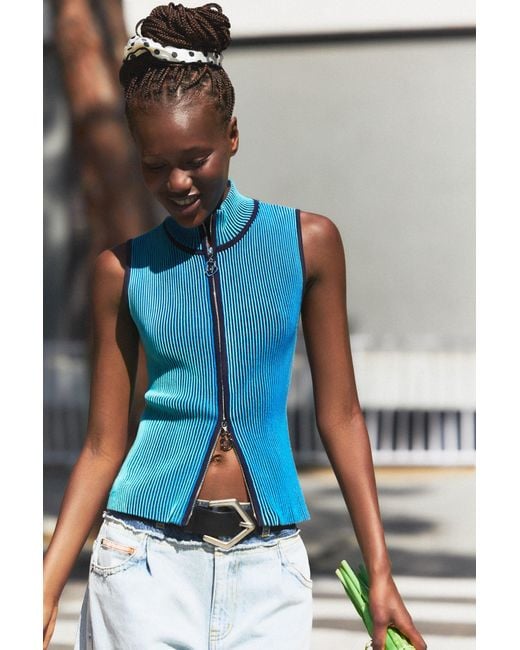 Desigual Blue Iridescent Knit Zip-Up T-Shirt
