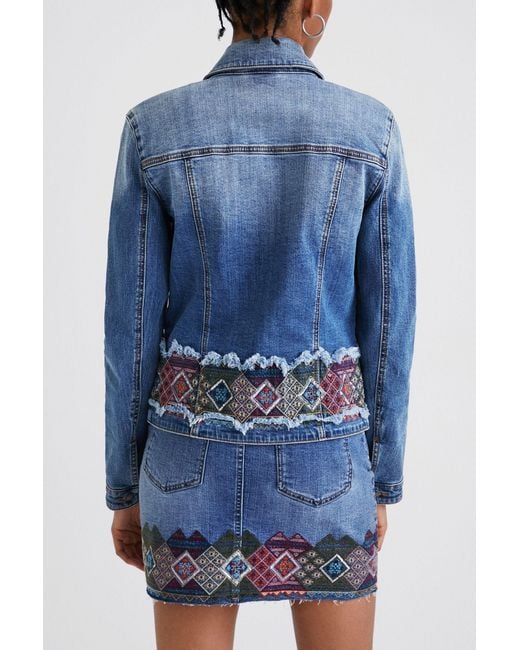 Desigual Blue Denim Jacket With Border, Cotton