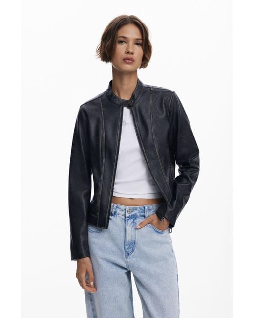 Desigual Blue Jacket With Worn Leather Effect