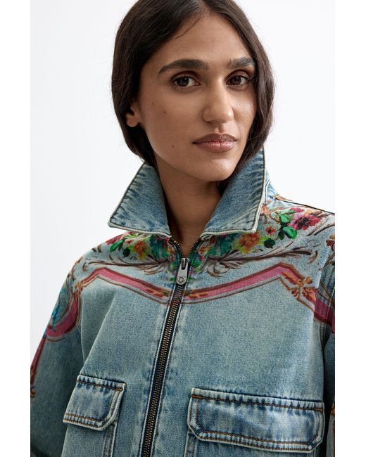 Desigual Blue Embroidered Denim Jacket 100% Cotton, Cotton
