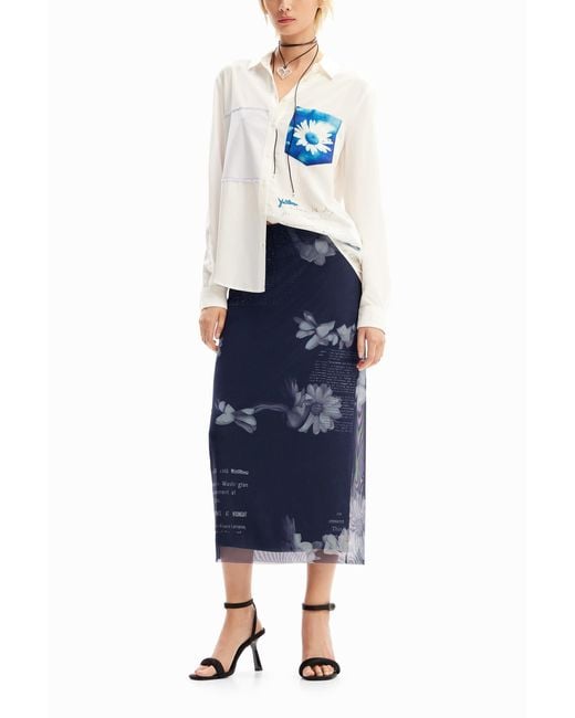 Desigual Blue Patchwork Pocket Daisy Shirt, Viscose