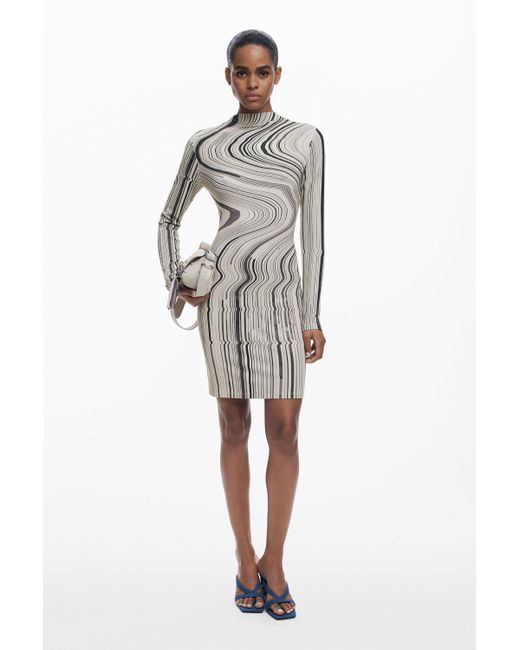 Desigual White Wavy Striped Dress, Viscose