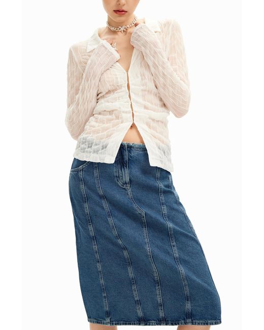 Desigual Blue Midi Skirt, Striped Denim Effect. Cotton