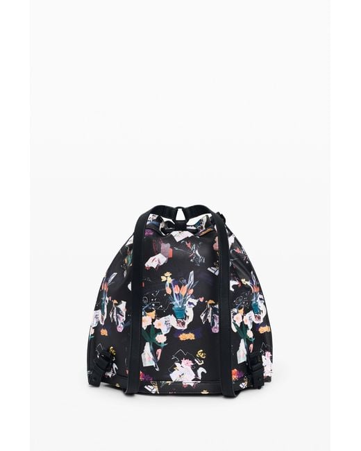 Desigual Black Medium Braided Backpack With Flowers, Polyurethane