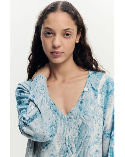 Desigual Blue V-Neck Sweater With Abstract Print
