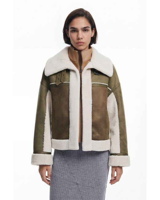 Desigual Green Shearling Biker Jacket, Polyester