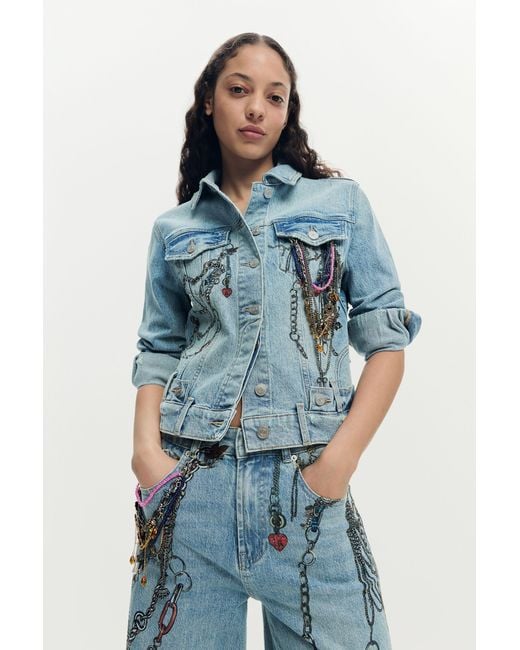 Desigual Blue Printed Denim Jacket, Cotton