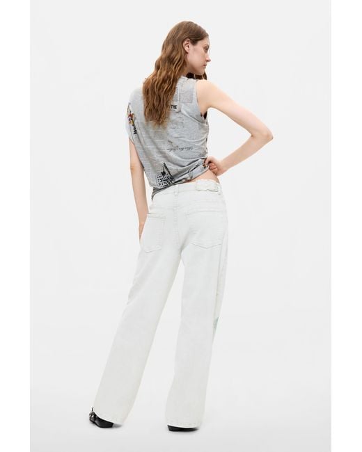 Desigual White Long Printed Jeans, Cotton