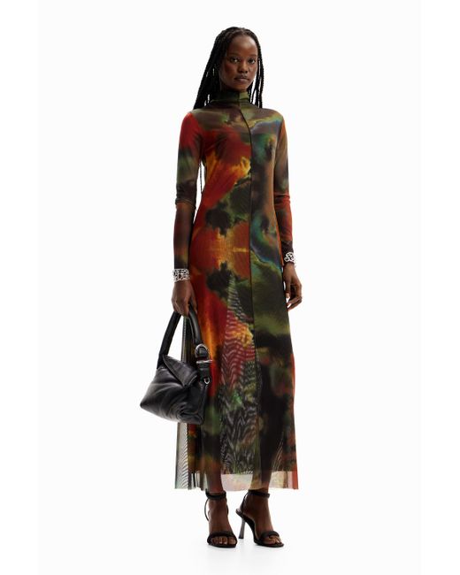 Desigual Brown Watercolour Midi Dress