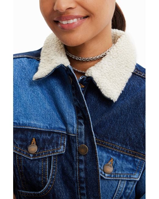 Desigual Blue Long Padded Denim Jacket, Cotton