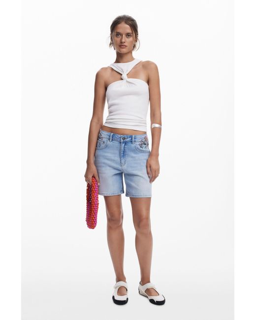Desigual Blue Bestickte Kurze Jeans