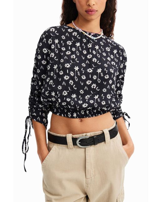 Desigual Black Short Gathered Floral Blouse, Viscose
