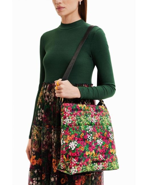 Desigual Black Large Floral Bucket Bag, Polyester