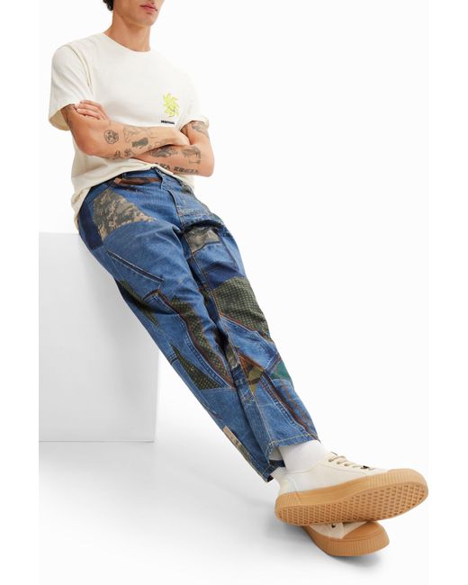 Desigual Blue Relaxed Patchwork Jeans, Cotton for men