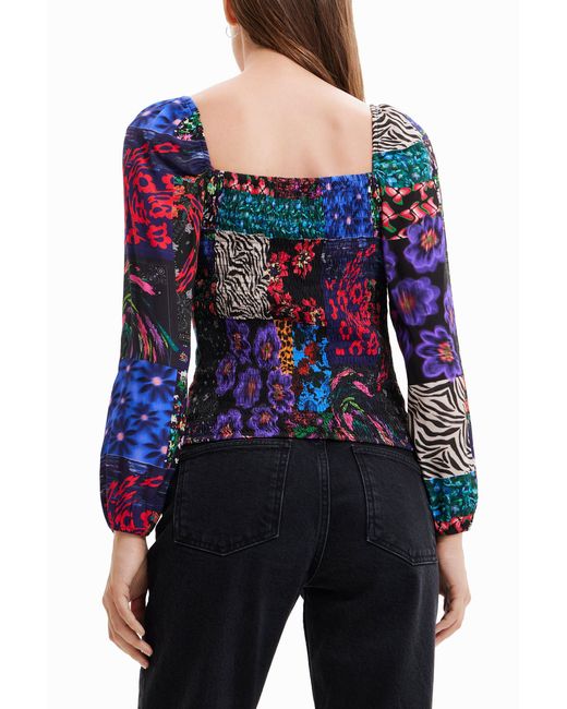 Desigual Blue Patchwork Corset Blouse, Viscose