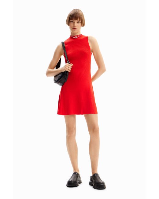 Desigual Red Short Ribbed Skater Dress