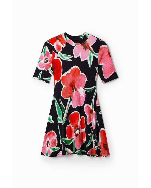 Desigual Red Short Floral Skater Dress, Viscose
