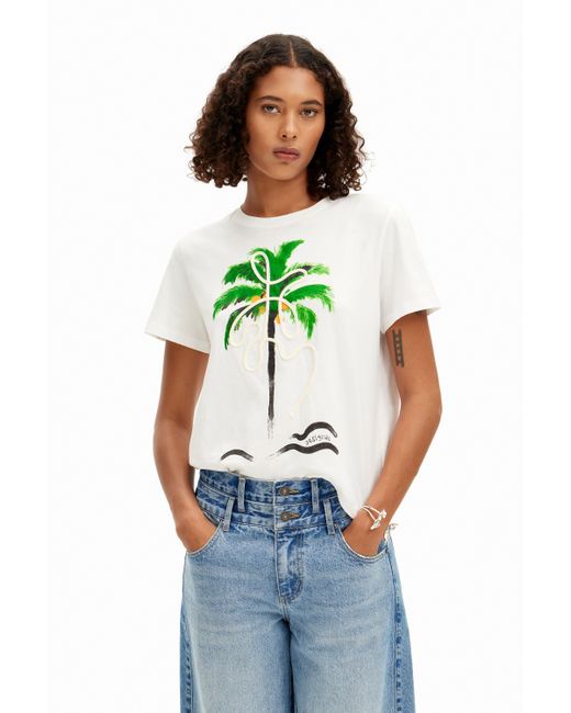 Desigual Green Hand-painted Palm Tree T-shirt