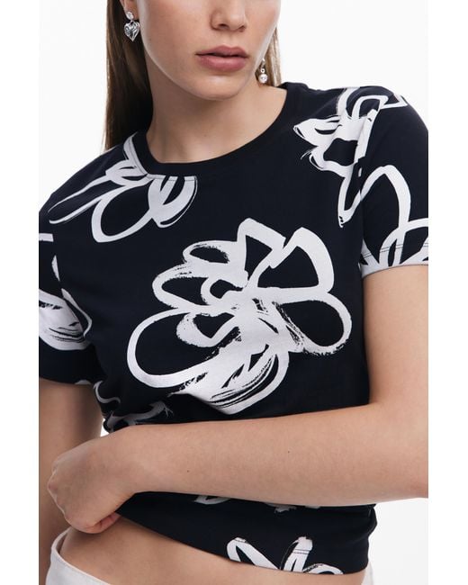 Desigual Blue Large Flower T-Shirt, Cotton