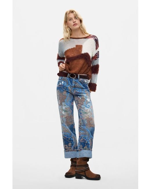 Desigual Blue Printed Cropped Sweater