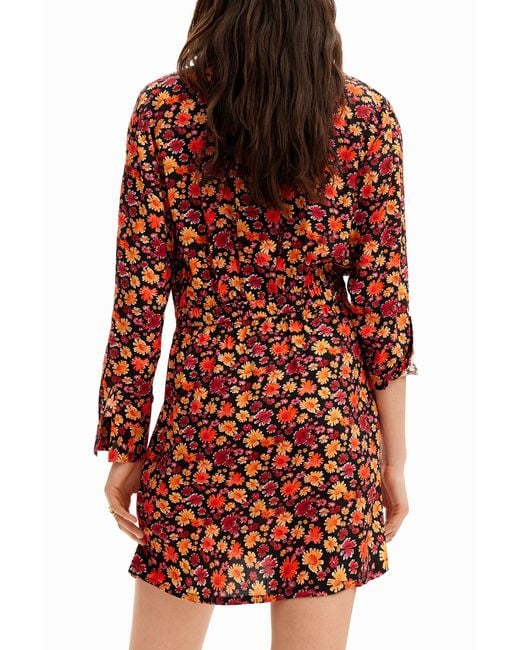 Desigual Red Short Floral Shirt Dress, Viscose