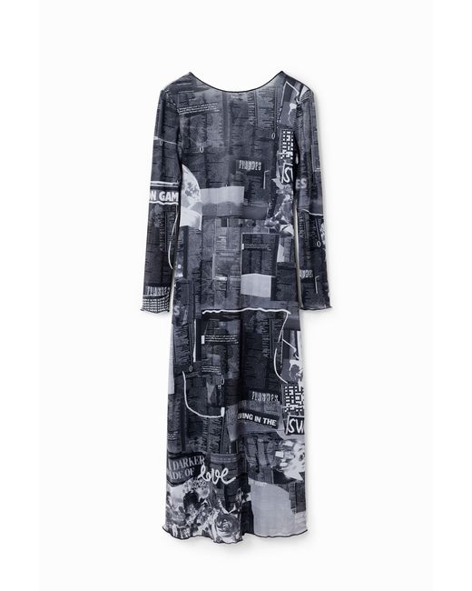 Desigual Blue Slim Newspaper Midi Dress, Polyester