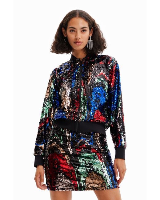 Desigual Blue Sequin Bomber Jacket, Polyester