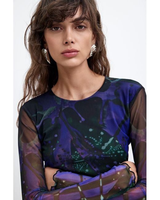 Desigual Blue Printed Tulle T-Shirt M. C. Lacroix, Polyester
