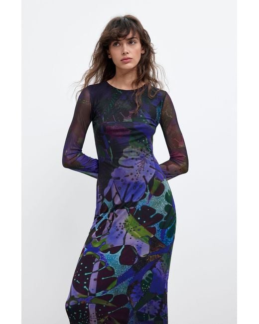 Desigual Blue Knit Dress Leaves S. Lacroix, Polyester