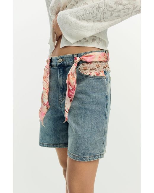 Desigual Blue Embroidered Denim Shorts, Polyester