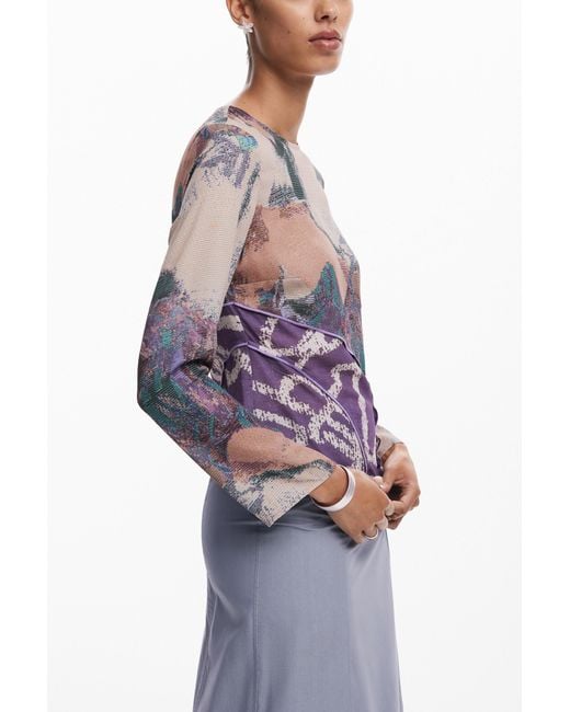 Desigual White Asymmetric Flared Sleeve Printed Top