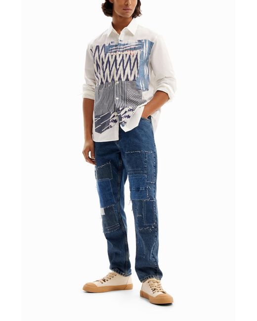 Desigual White Ikat Patchwork Shirt, Cotton for men
