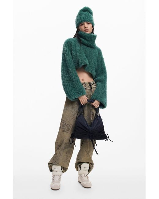 Desigual Green Pack Cropped Sweater And Beanie, Polyester